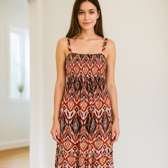Style & Co Women 2X Maxi Halter Dress Brown Aztec Tiered Boho Beach Cottagecore‎ - Picture 1 of 12